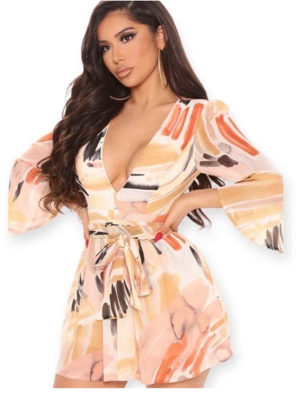 Abstract Fashion Nova Romper- Cream, Tan & Orange